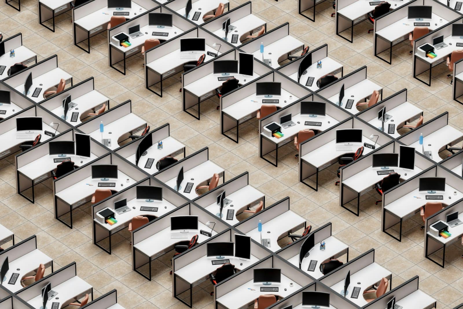 A 3D render of an open-plan office seen from above: rows of desks, each with a monitor, a keyboard and a chair, and some with a laptop and a printer.